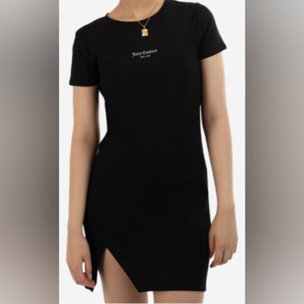 Juicy Couture Ribbed Split Hem Logo Black Dress Size M